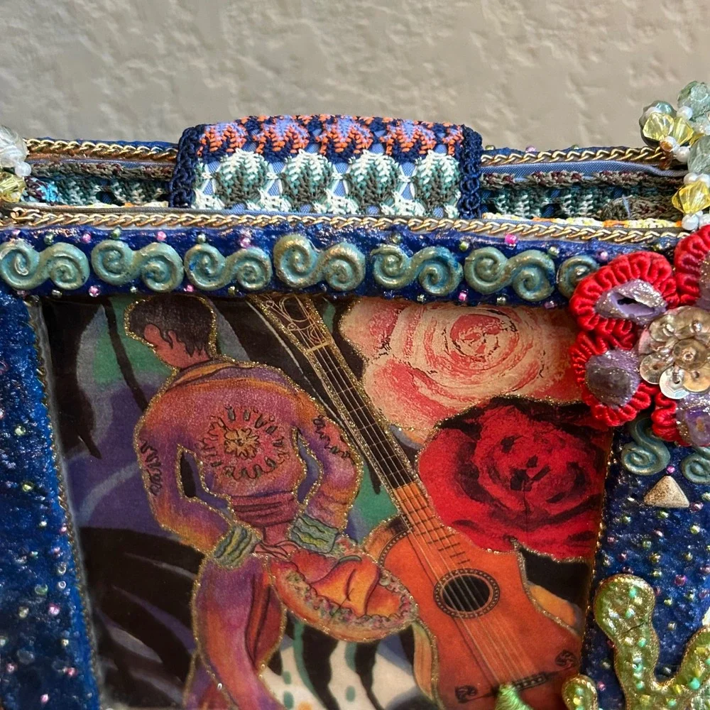 Mary Frances Beaded Box Crossbody Bag Floral Guitar Art Handcrafted Purse